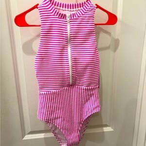 NWOT Splendid hot Pink and White Striped One Piece 1/4 zip front Swimsuit - XS